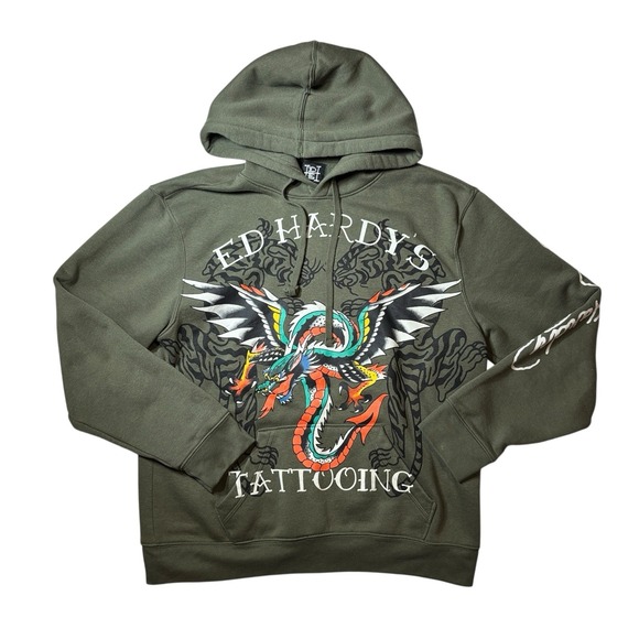 Ed Hardy Other - Ed Hardy‎ Dragon Tiger Tattoing Sweatshirt Hoodie Green Men's Large